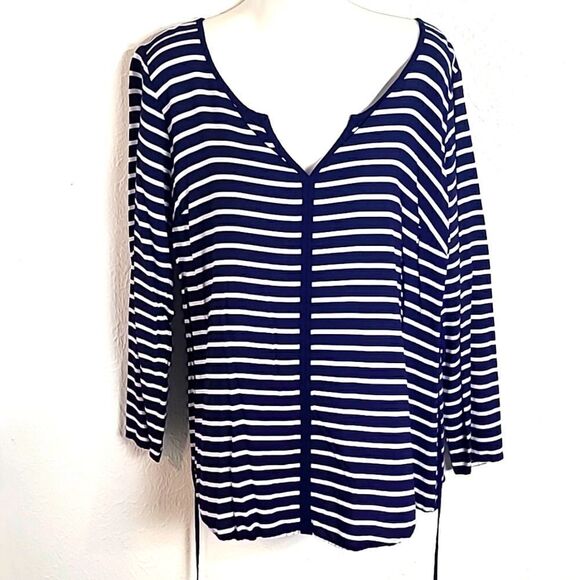 Oh Baby Maternity Top, Navy & White Stripes with Tie Belt, Size Large - Picture 3 of 8